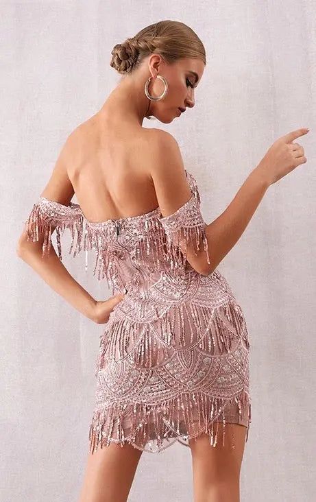 Slash Neck Tassel Sequin Dress - MSCOOCO