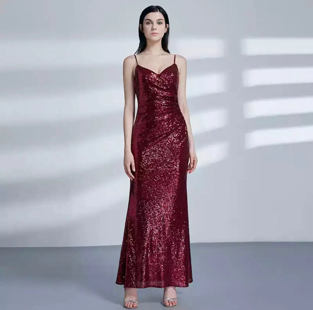 Soiree Burgundy Sequined Sparkle Gown - MSCOOCO