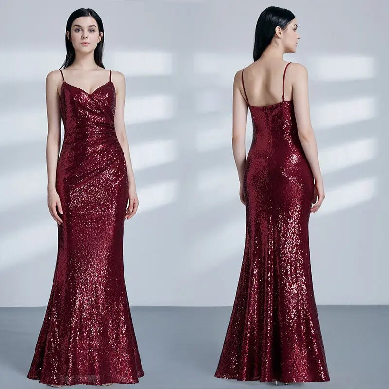 Soiree Burgundy Sequined Sparkle Gown - MSCOOCO