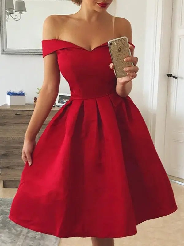 Sweetheart Neck Off Shoulder Pleated Party Dress - MSCOOCO