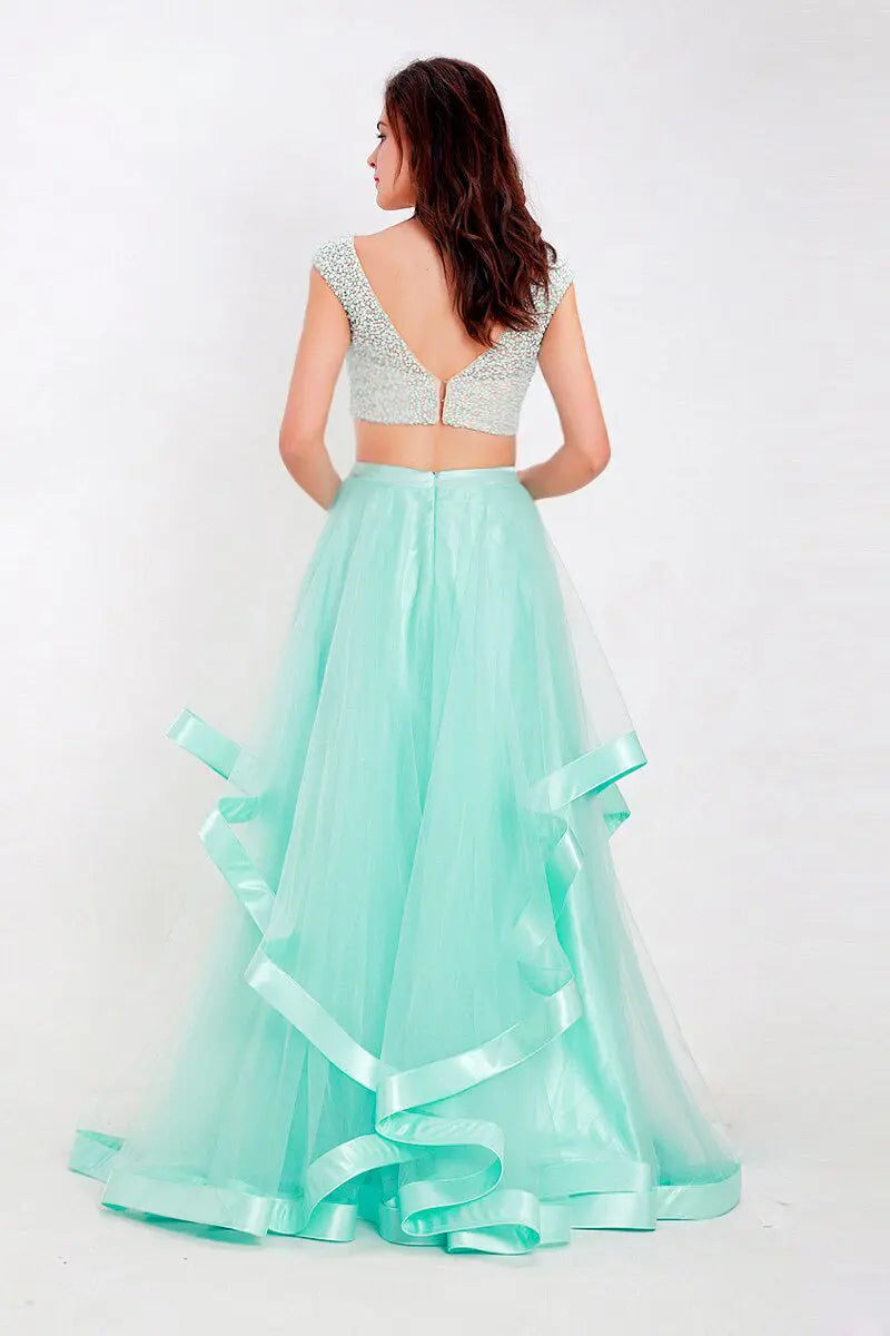 Treasure Light Green Pearls Tulle Two Piece Gown Mscooco.co.uk