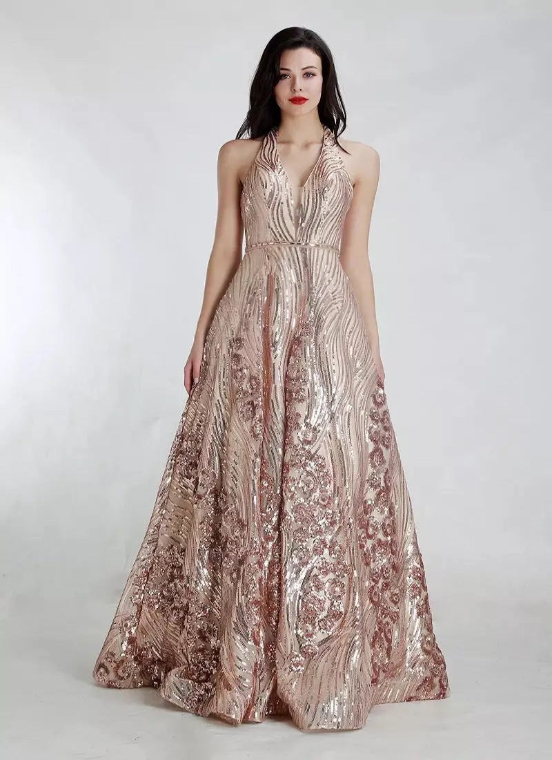 V neck Backless Sequinned Gowns - MSCOOCO