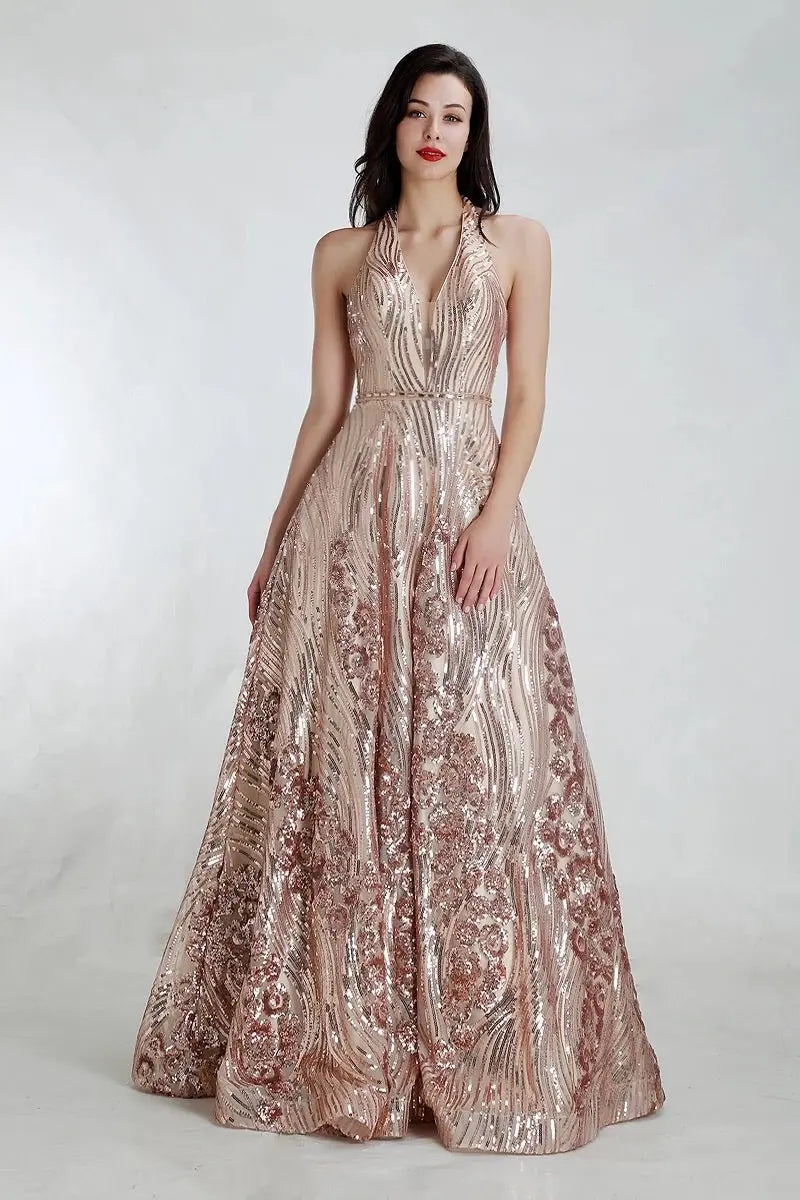 V neck Backless Sequinned Gowns - MSCOOCO