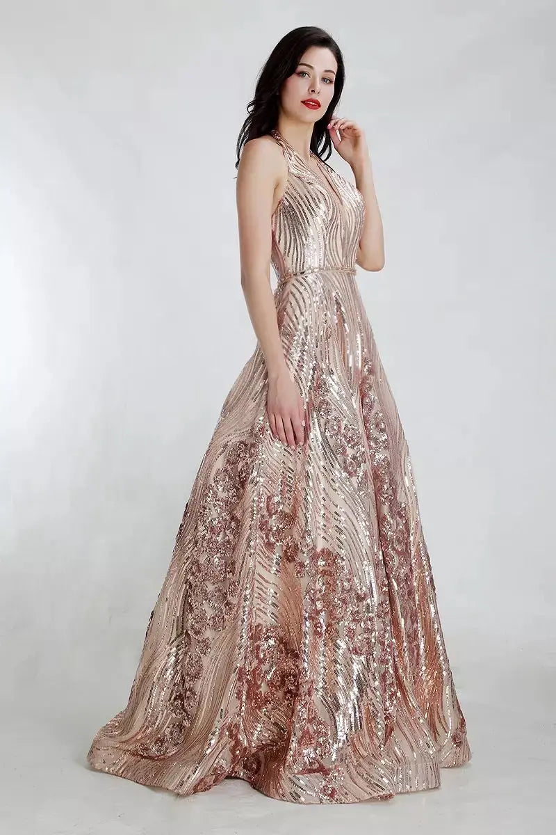 V neck Backless Sequinned Gowns - MSCOOCO
