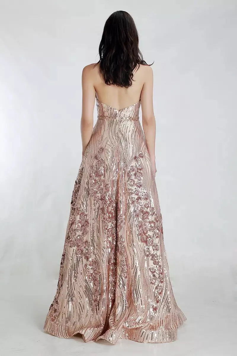 V neck Backless Sequinned Gowns - MSCOOCO