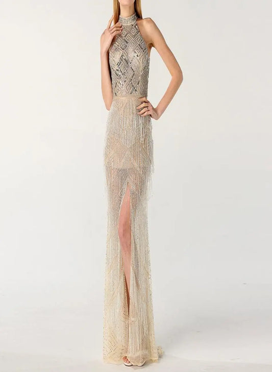 Mermaid Tassel Luxury Halter Rhinestones Evening Dress - MSCOOCO