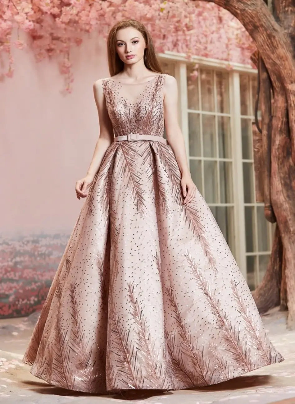 Vintage Rose Gold Shining Sashes A-Line Backless Ball Gowns - MSCOOCO