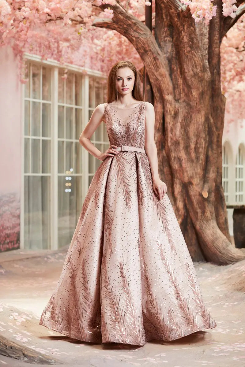 Vintage Rose Gold Shining Sashes A-Line Backless Ball Gowns - MSCOOCO