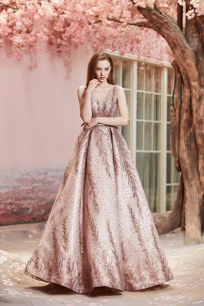 Vintage Rose Gold Shining Sashes A-Line Backless Ball Gowns - MSCOOCO
