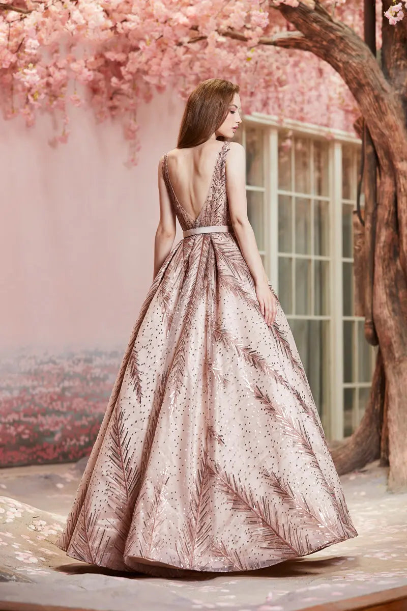 Vintage Rose Gold Shining Sashes A-Line Backless Ball Gowns - MSCOOCO