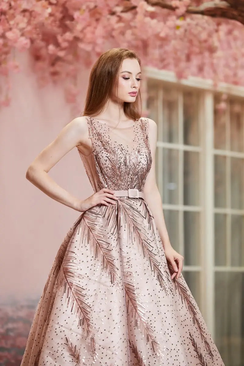 Vintage Rose Gold Shining Sashes A-Line Backless Ball Gowns - MSCOOCO
