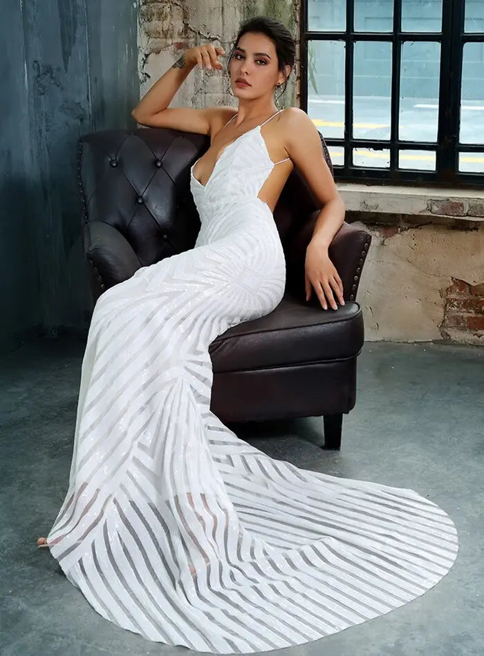 White Deep V Neck Open Back Geometry Sequins Long Dress - MSCOOCO