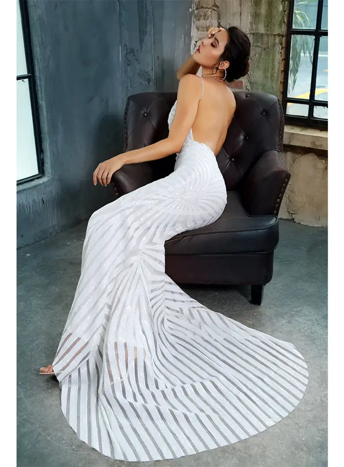 White Deep V Neck Open Back Geometry Sequins Long Dress - MSCOOCO