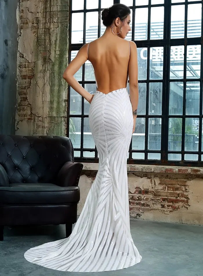 White Deep V Neck Open Back Geometry Sequins Long Dress - MSCOOCO