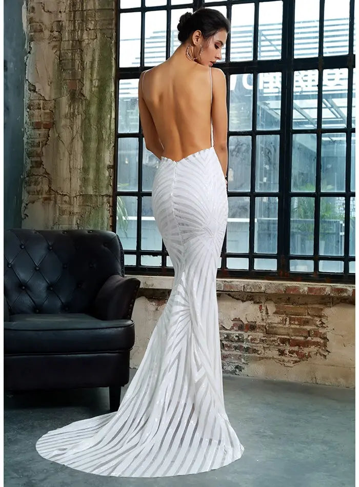 White Deep V Neck Open Back Geometry Sequins Long Dress - MSCOOCO