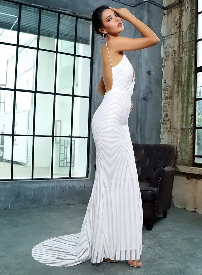 White Deep V Neck Open Back Geometry Sequins Long Dress - MSCOOCO