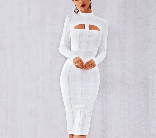 White Long Sleeve Hollow Out Club Dress - MSCOOCO