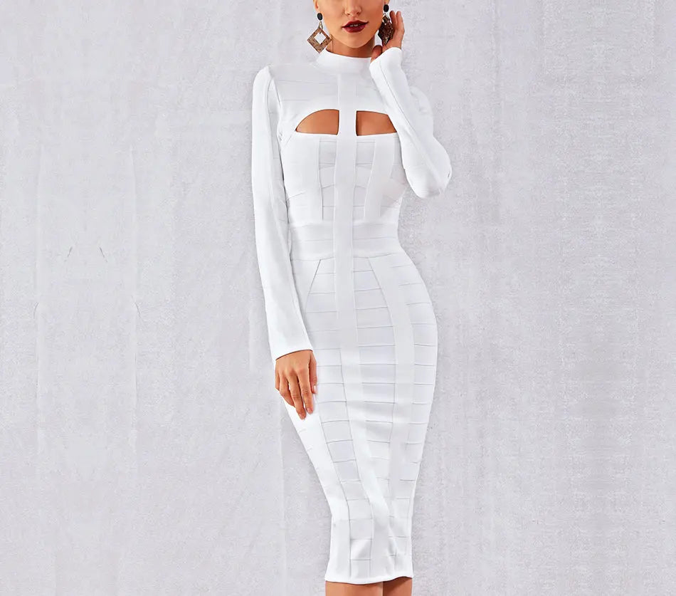 White Long Sleeve Hollow Out Club Dress - MSCOOCO