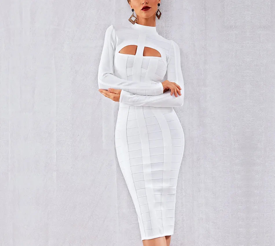 White Long Sleeve Hollow Out Club Dress - MSCOOCO