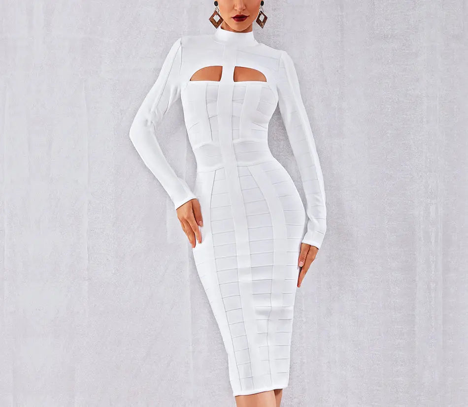 White Long Sleeve Hollow Out Club Dress - MSCOOCO