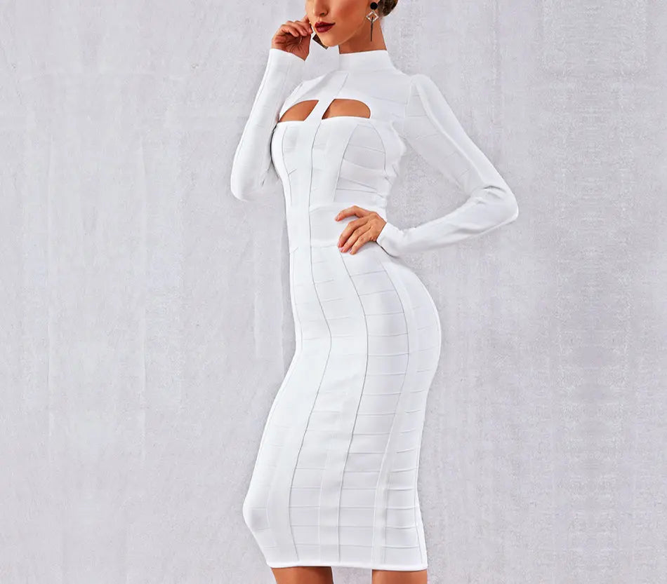 White Long Sleeve Hollow Out Club Dress - MSCOOCO
