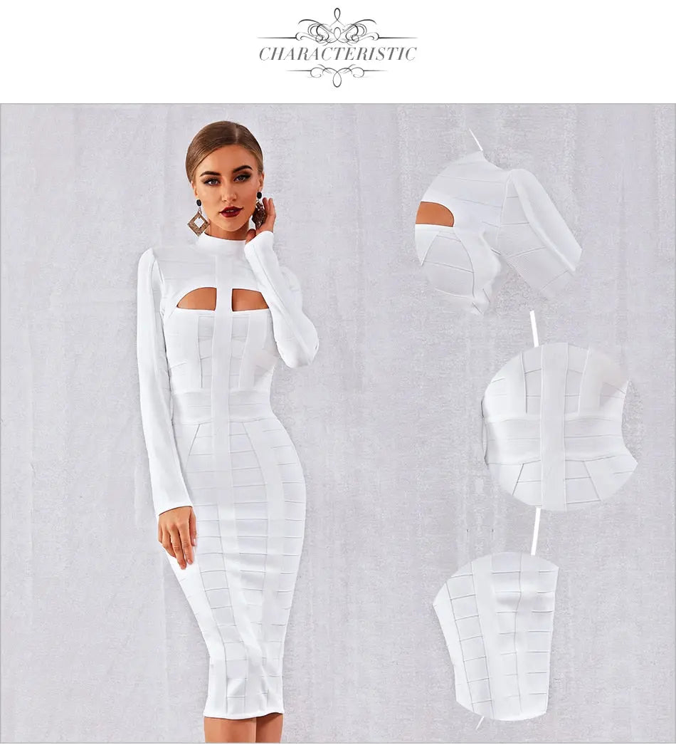 White Long Sleeve Hollow Out Club Dress - MSCOOCO