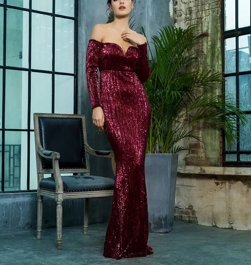 Wine Red Deep V-Collar Sequin Dress - MSCOOCO