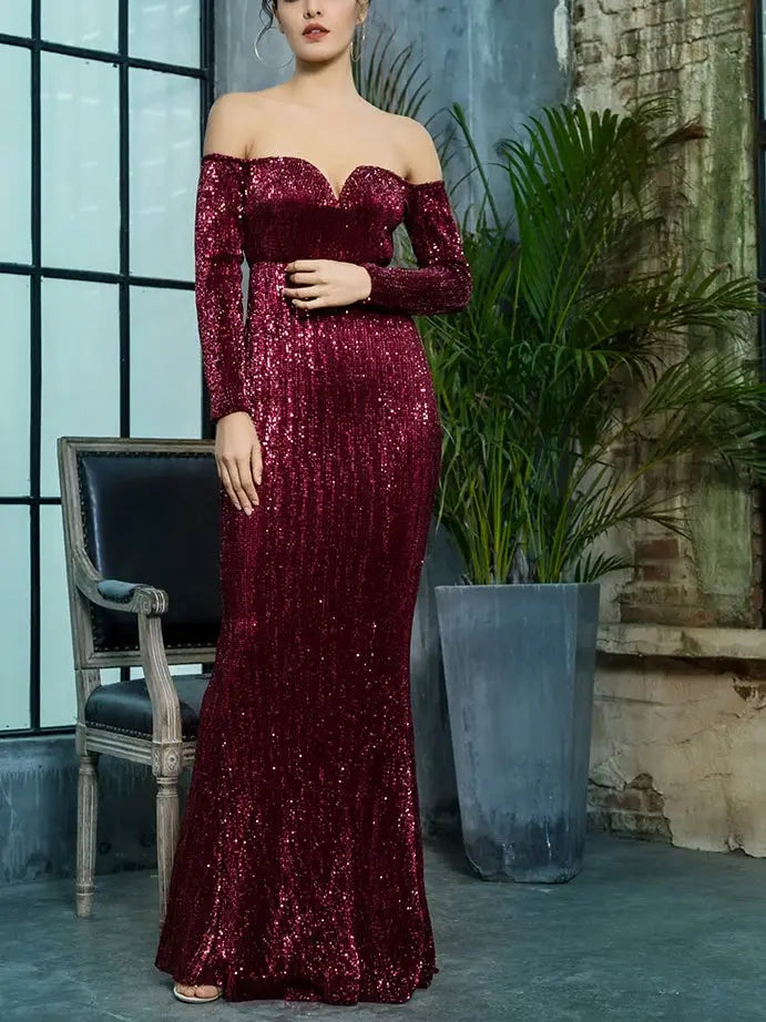 Wine Red Deep V-Collar Sequin Dress - MSCOOCO