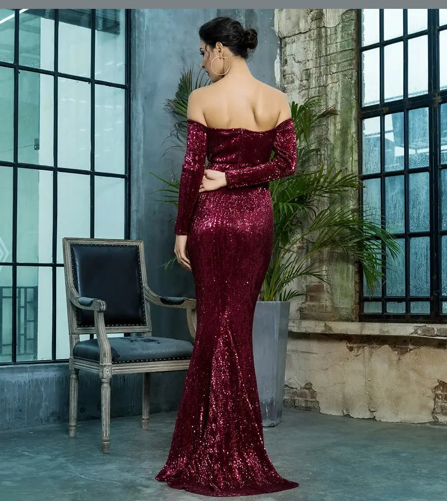 Wine Red Deep V-Collar Sequin Dress - MSCOOCO
