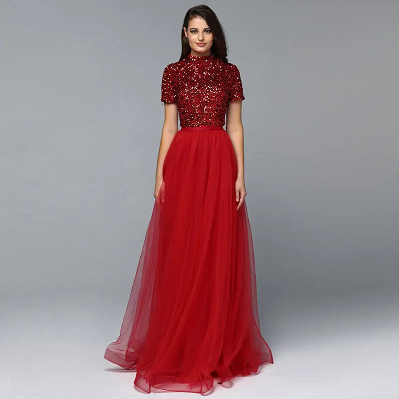 Yadiel Red Crystal Short Sleeves Evening Dress Mscooco.co.uk