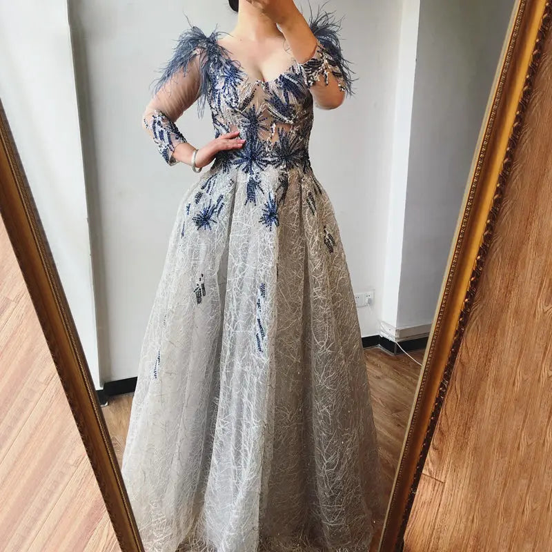 ZOE Feathers Crystal Evening Gown Mscooco.co.uk