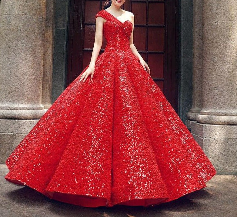 One Shoulder High-end Vintage Sequined Bridal Gown Mscooco.co.uk