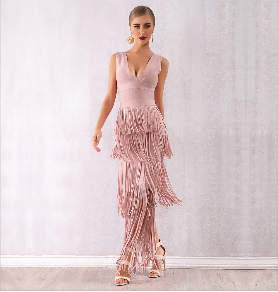 Pink Fringe Maxi Tassel Dress Mscooco.co.uk