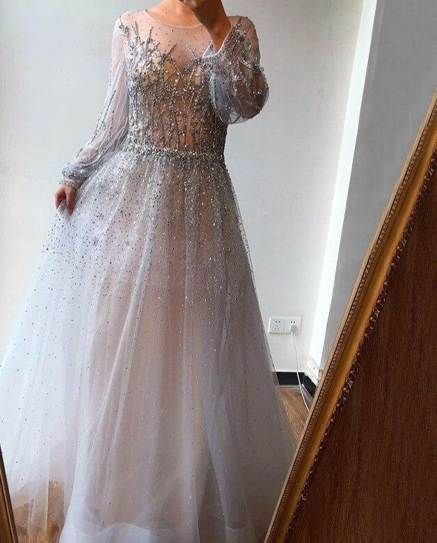 Valerie Silver Luxury A-Line Sequins Beading Formal Dress Mscooco.co.uk