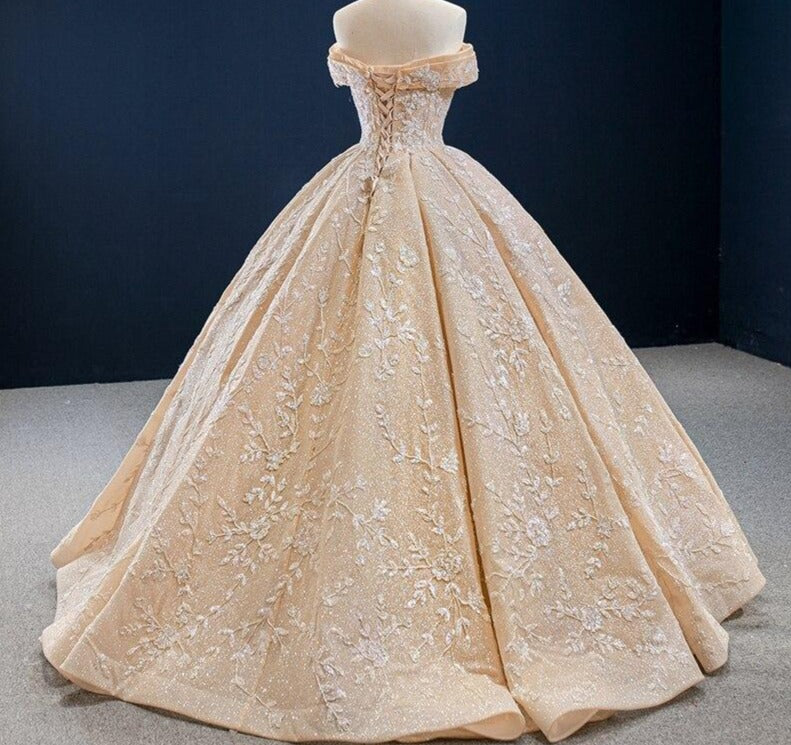 Off Shoulder Handmade Flowers Beading Wedding Dress Mscooco.co.uk