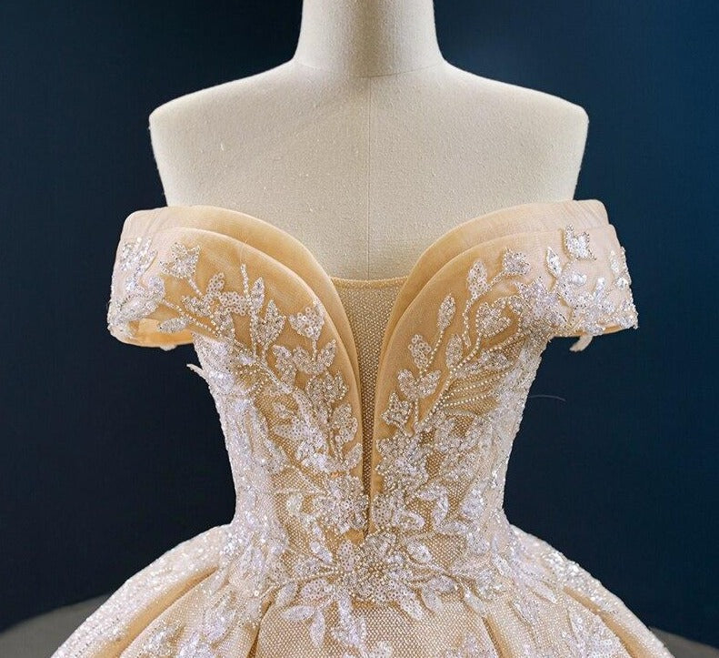 Off Shoulder Handmade Flowers Beading Wedding Dress Mscooco.co.uk