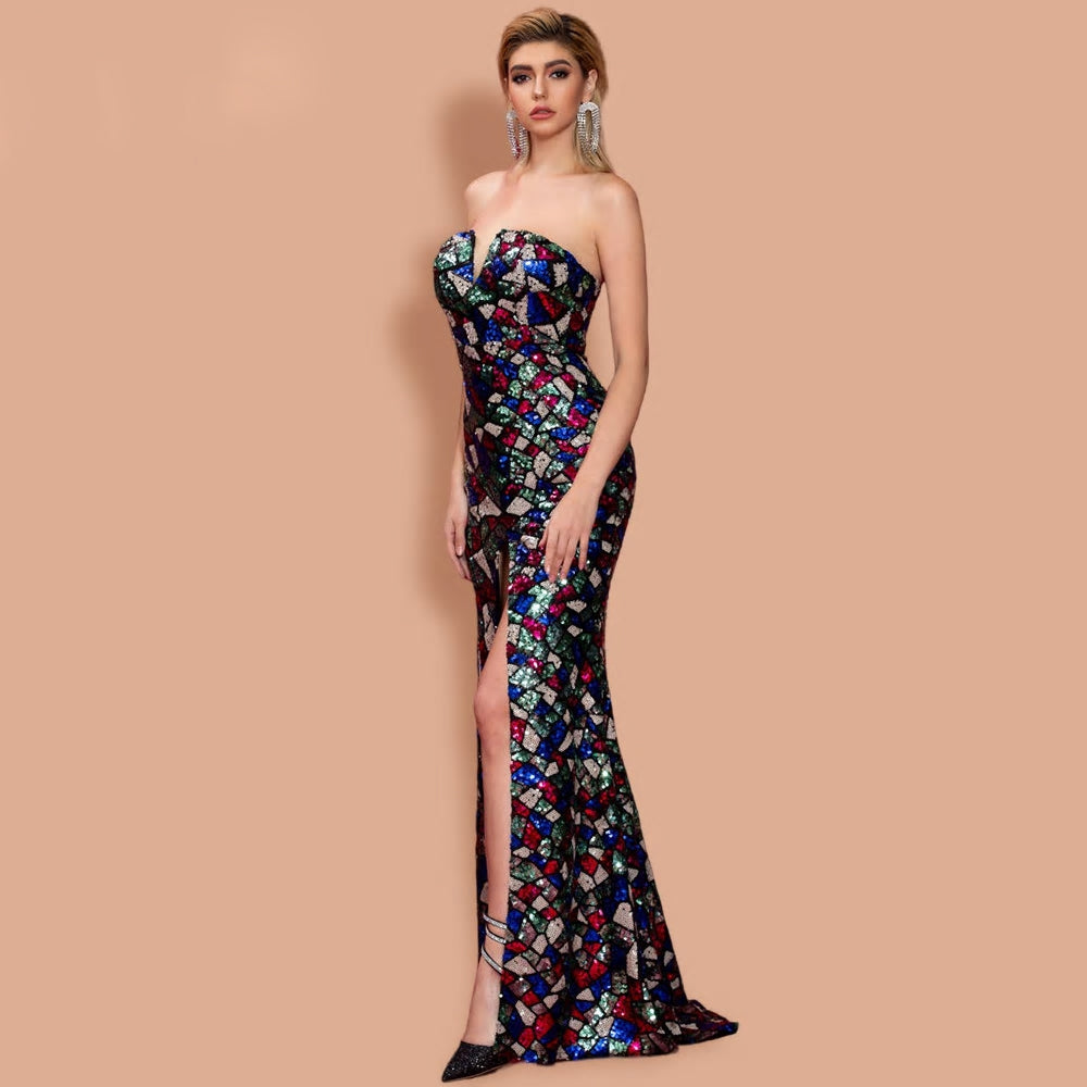 V Neck Off Shoulder Sequin High Split Maxi Dress - MSCOOCO