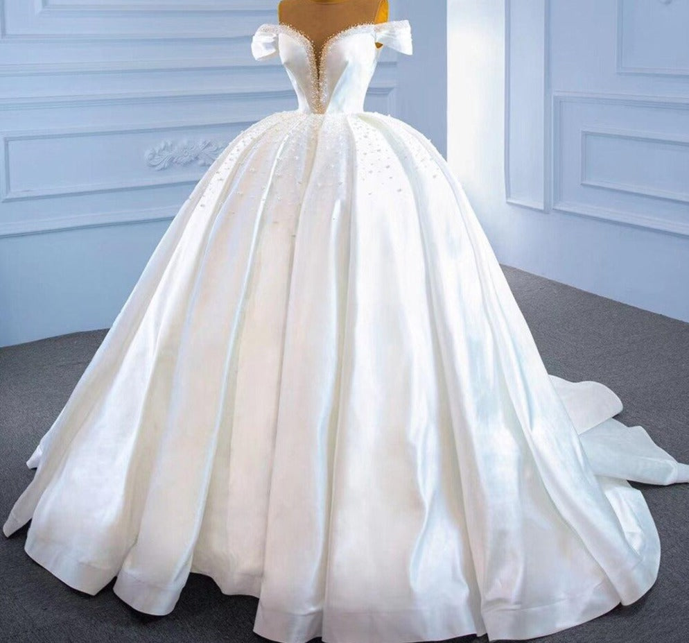 White Satin Beading Pearls Lace Up Bridal Dress Mscooco.co.uk