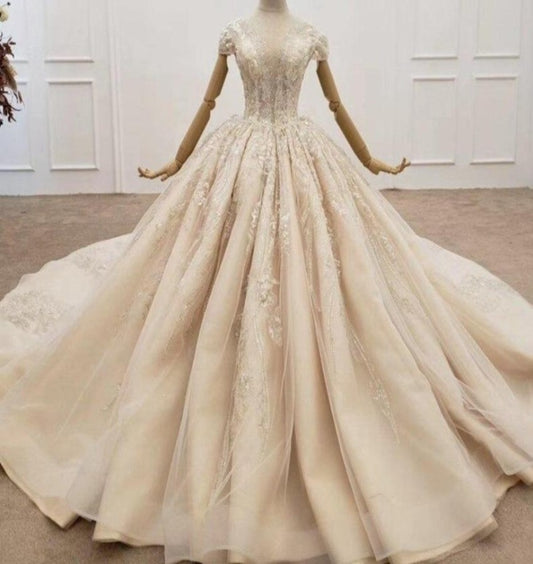 Short Sleeve High-End  Sparkle Sequins Bridal Gown Mscooco.co.uk