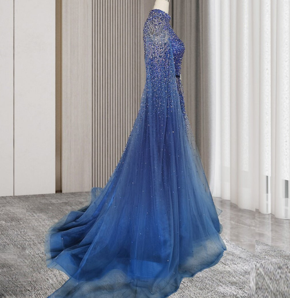 Tasia Blue Beading Luxury High Neck  Evening Gown Mscooco.co.uk