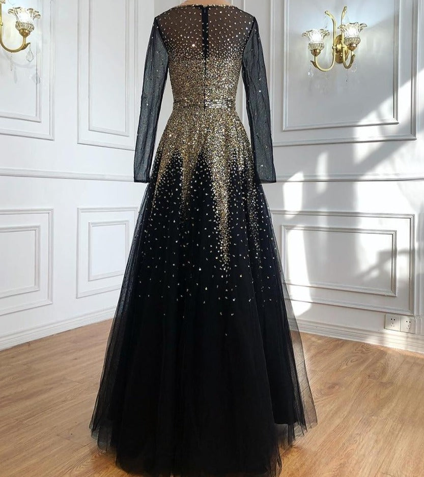 Emerie Black Gold Luxury Sparkle Beading Formal Dress Mscooco.co.uk