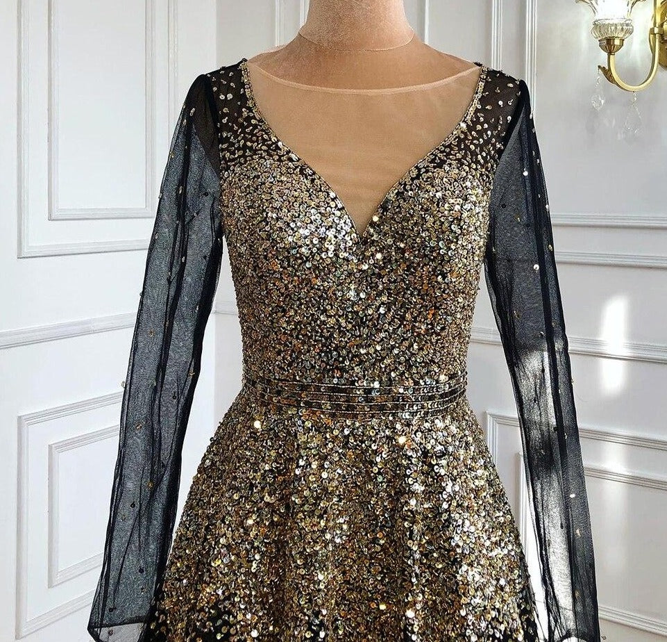 Emerie Black Gold Luxury Sparkle Beading Formal Dress Mscooco.co.uk