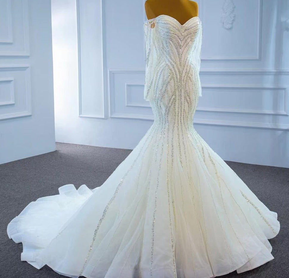 White Luxury Mermaid Beading Pearls Wedding Dress Mscooco.co.uk