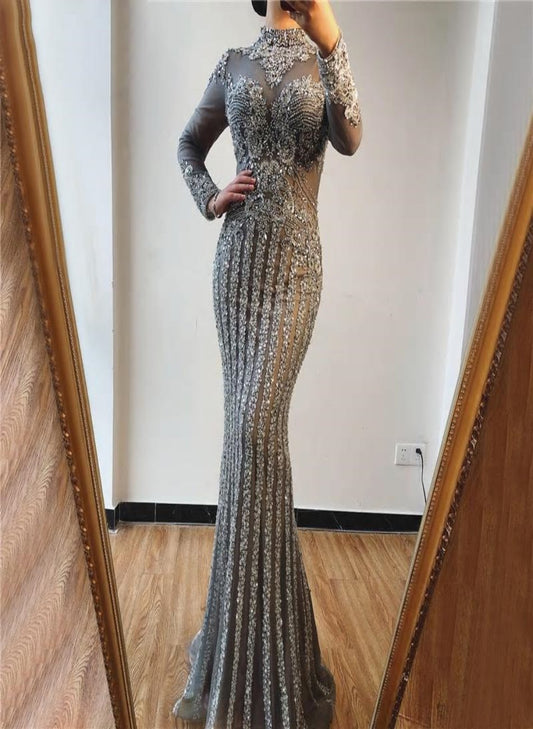 Luxury Long Sleeves Mermaid Diamond Sequined Sparkly Evening Gown - MSCOOCO