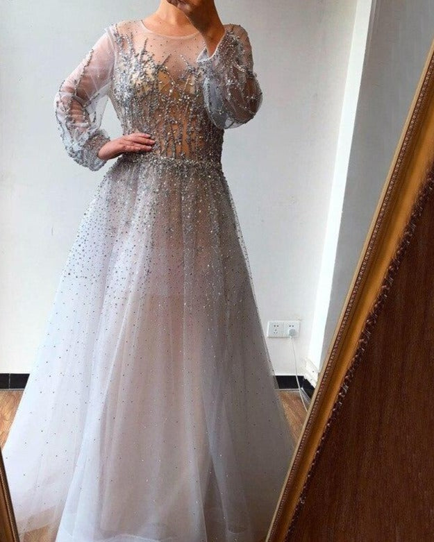 Valerie Silver Luxury A-Line Sequins Beading Formal Dress Mscooco.co.uk