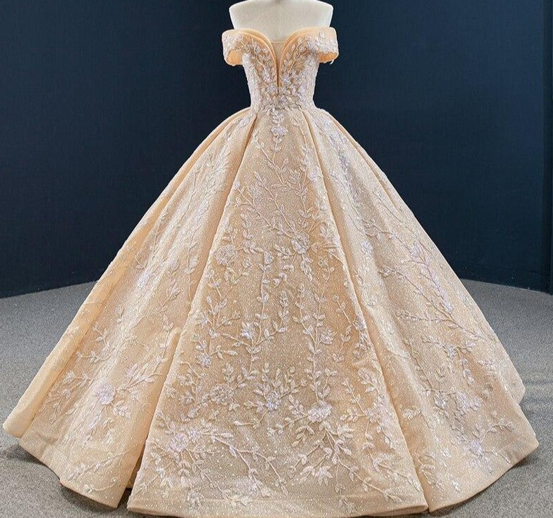 Off Shoulder Handmade Flowers Beading Wedding Dress Mscooco.co.uk