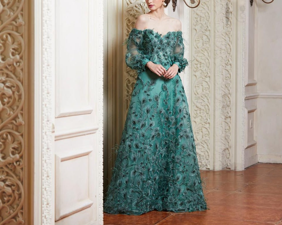 Sidonie Emerald Appliques Feathers Formal Dress Mscooco.co.uk