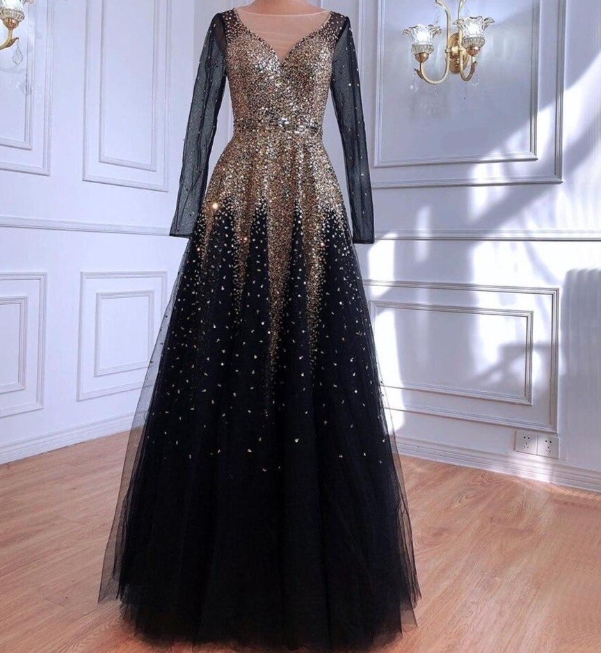Emerie Black Gold Luxury Sparkle Beading Formal Dress Mscooco.co.uk