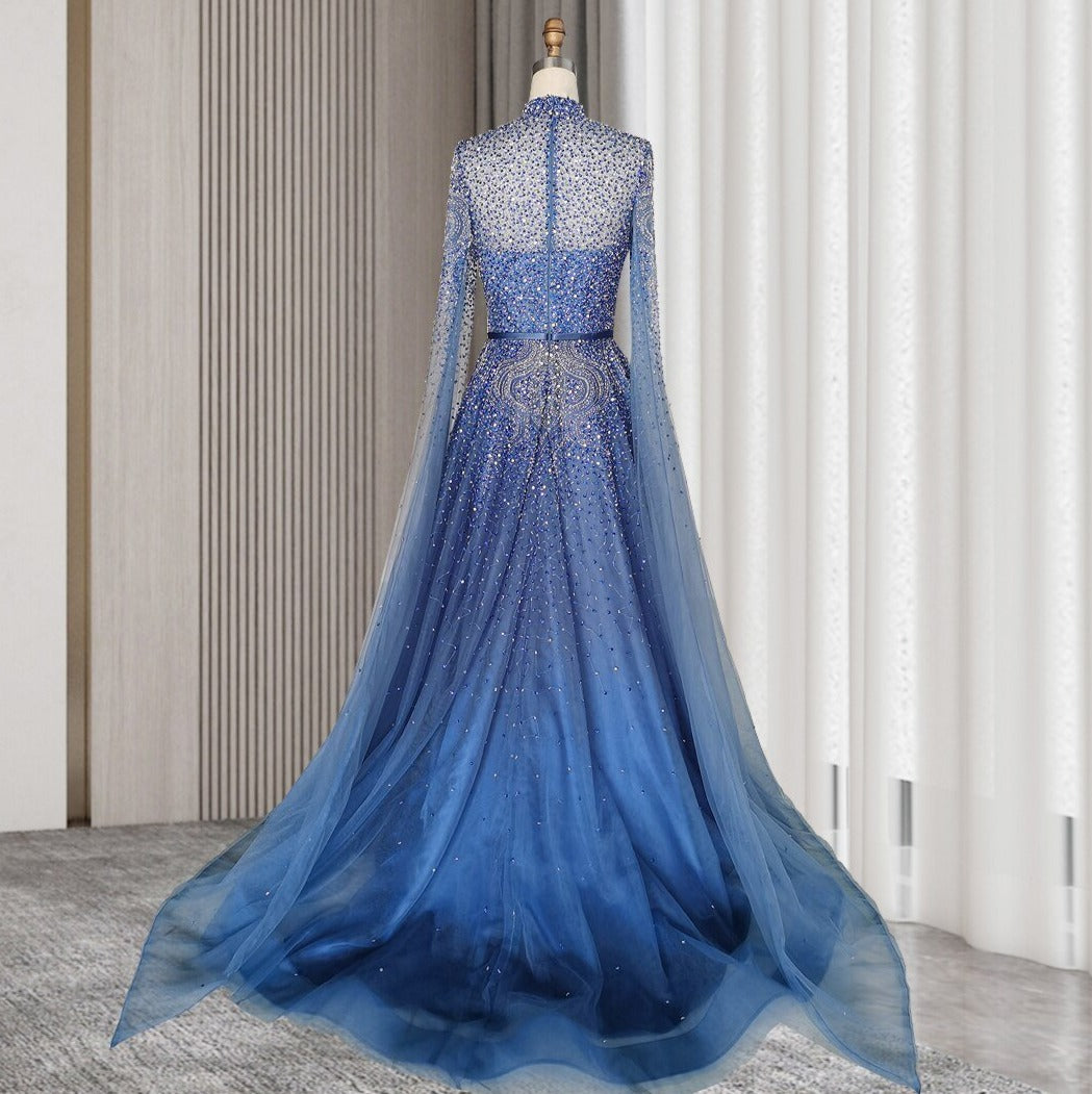 Tasia Blue Beading Luxury High Neck  Evening Gown Mscooco.co.uk
