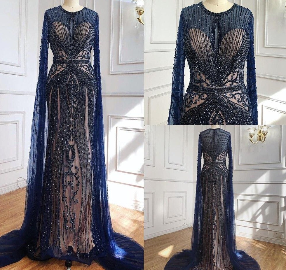 Rosalie Cape Sleeves Luxury Beading Mermaid Evening Gown Mscooco.co.uk